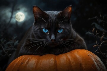 black cat with blue eyes resting on orange pumpkin under full moon in spooky night setting