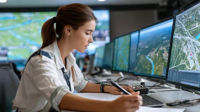 Focused Analyst: A professional analyst diligently examines data and monitoring screens, symbolizing a commitment to precision and attention to detail within a high-tech setting.