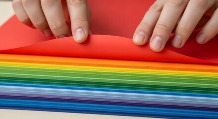 Hands holding a red sheet of paper over a stack of colorful paper.