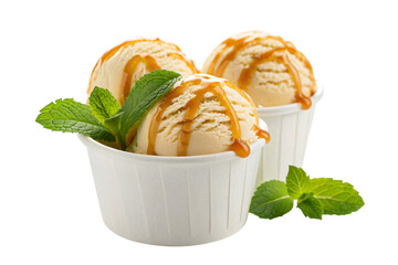 Indulgent vanilla ice cream scoops drizzled with rich caramel sauce and fresh mint leaves in a delightful dessert presentation