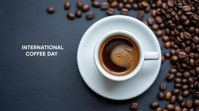 A cup of coffee on a saucer surrounded by coffee beans, celebrating International Coffee Day
