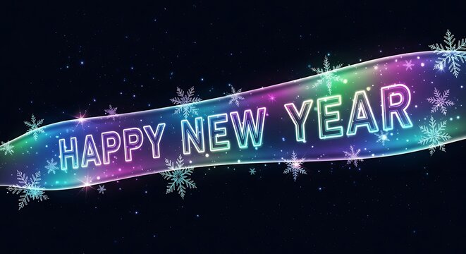 A vibrant and colorful happy new year banner with snowflakes on a dark background, perfect for festive greetings and holiday celebrations