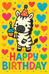 A birthday card featuring a zebra with a cupcake and candle Happy Birthday Cute Happy Joy Child Vector Greeting Card Illustration Design