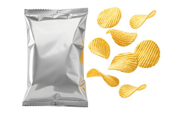 Crispy potato chips bursting from a sleek silver snack pack, perfect for impulse buys and advertising.