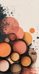 Artistic abstract composition of warm toned makeup compacts and splatters.