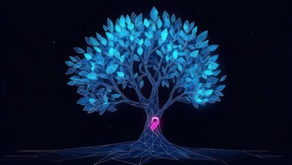 Stunning digital tree with glowing blue leaves and pink ribbon symbol for awareness, representing hope and support in the fight against cancer © David