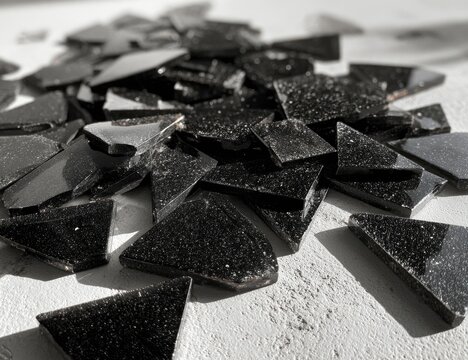 Broken black ceramic tiles scattered