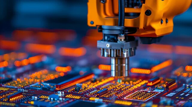 Medical electronics factory, robotic arm assembling circuit boards.