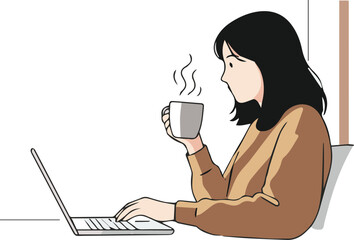A young woman enjoying a warm cup of coffee while working on her laptop