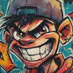 Vibrant street art featuring a mischievous character with a bold smile in an urban setting