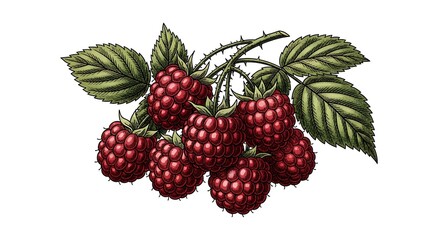 Illustrated botanical drawing of ripe raspberries with leaves on a white background