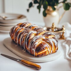 A braided loaf, glazed with white icing