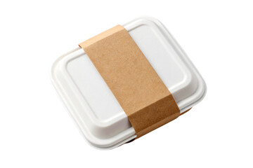 Modern eco friendly takeout food container with natural paper band perfect for delivery and catering services