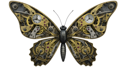 Intricate Steampunk Butterfly Design with Vintage Clockwork Gears isolated PNG with Transparent Background