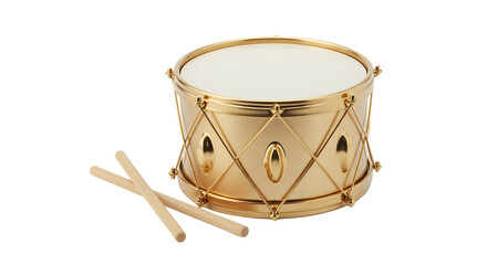 Golden toy snare drum with wooden sticks isolated on white background for Christmas or military theme