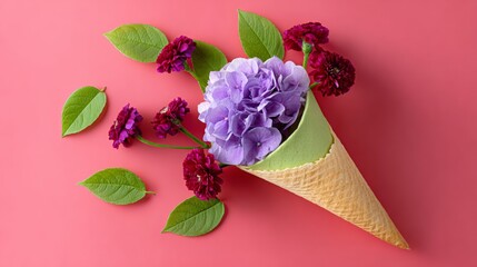Colorful ice cream cone filled with vibrant purple hydrangeas and red flowers, surrounded by green leaves on a soft pink background, creating a whimsical floral arrangement concept