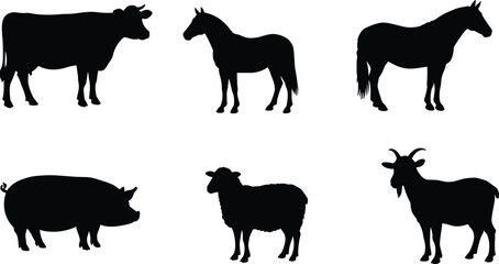 Farm animal silhouette illustration, cow, horse, pig, sheep, goat, livestock profile, agriculture concept, veterinary icon, rural animal set