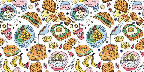 Table with healthy breakfasts for the whole family in doodle style, porridge, pancakes, eggs, toast