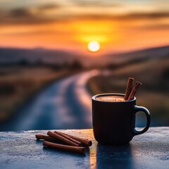 Sunrise coffee, cinnamon sticks, road