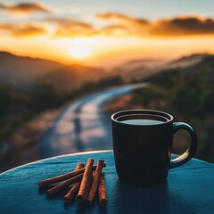 A dark mug of steaming beverage sits on a table at sunset overlooking a winding road