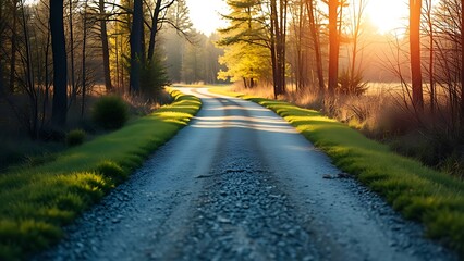 Obraz premium A quiet forked path through a peaceful landscape, bathed in soft morning light, symbolizing life's choices.