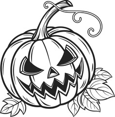 halloween pumpkin  Vector art of a detailed black and white illustration of a halloween jackolantern with a spooky carved face, complete with leaves and vines, for a festive autumn decoration