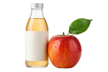 Refreshing apple juice in a clear glass bottle next to a ripe red apple with a fresh green leaf and water droplets.