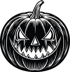 halloween pumpkin  Vector art of a striking black and white illustration of a halloween jackolantern with a menacing carved face, perfect for spooky autumn decorations and festive holiday celebrations