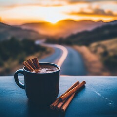A mug of coffee with cinnamon sticks,  a scenic sunset road