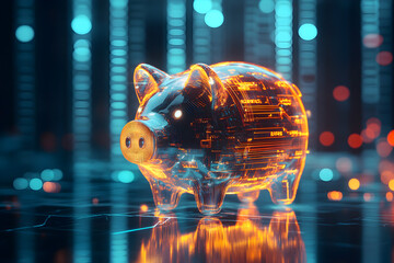 Digital piggy bank reflecting futuristic technology and financial growth