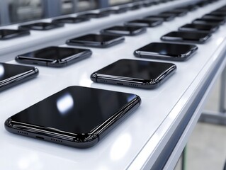 Numerous sleek black smartphones are neatly arranged in rows on a bright white surface, suggesting a modern production or display line for electronic devices.