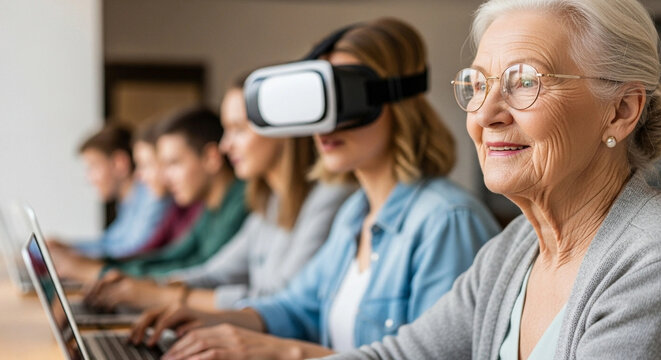 Senior Woman Using VR Headset in Tech Class - Powered by Adobe