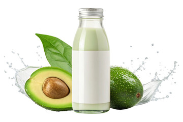 Refreshing avocado milk splash in a clear bottle with blank label and vibrant fruit, perfect for health drinks