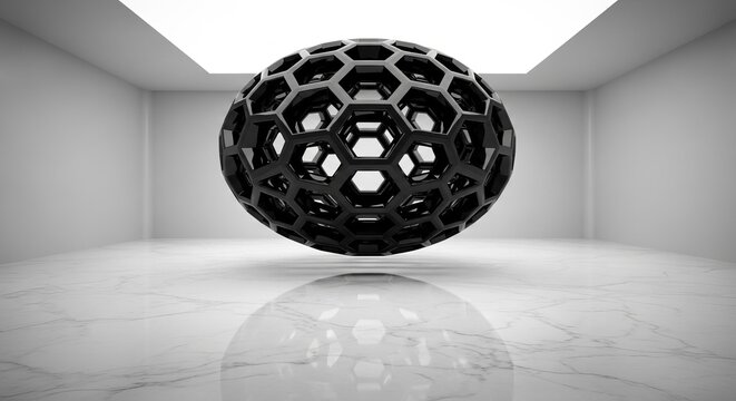 Abstract geometric sphere hovering in a minimalist white room with reflective floor.