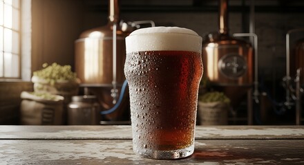 Close-up shot of a refreshing, frosty pint of dark ale in a brewery with copper vats in the background