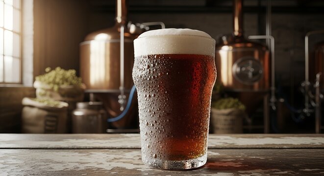 Close-up shot of a refreshing, frosty pint of dark ale in a brewery with copper vats in the background