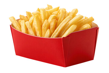 Crispy golden french fries piled high in a vibrant red paper container ready for delicious enjoyment and fast food cravings