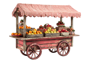 Rustic fruit cart with fresh produce.