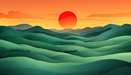 Obraz premium Red sun rises over green rolling hills, cartoon style landscape. Perfect for nature themes, peaceful concepts, and minimalist designs.