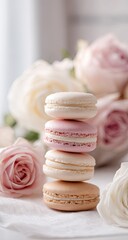 A delicate stack of pastel French macarons with fresh pink and white roses.