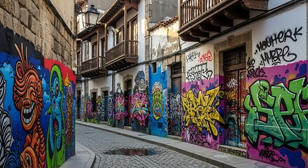 Naklejka premium Colorful Graffiti Art on Urban Alley Walls.