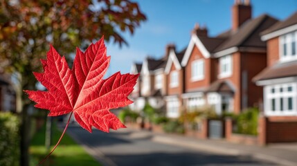 Obraz premium A prominent red maple leaf in the foreground, with a blurred suburban street of brick houses and a blue sky beyond.
