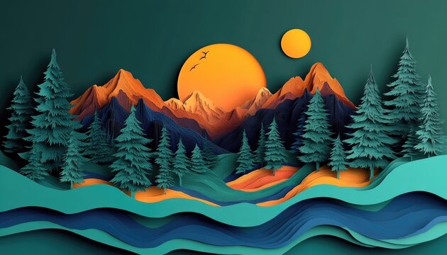 Paper art: sunset over mountains with pines and lake. Use as travel poster, blog background, or website header.