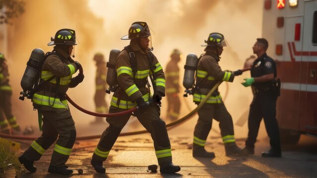 Brave firefighters battling intense fire, working together to contain the blaze, heroic rescue scene with emergency services