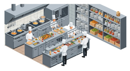 Obraz premium Isometric view of a large commercial kitchen with chefs preparing food.