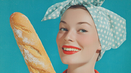 Stylish vintage woman holding baguette on turquoise polka dots
