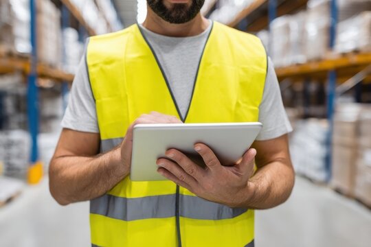 A man in a bright yellow high-visibility vest is actively using a silver digital tablet within a large industrial warehouse.