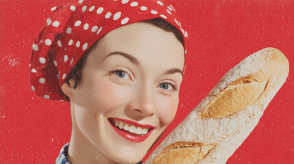 Red polka dot woman with baguette vintage french bakery illustration