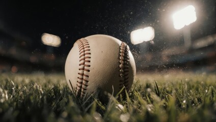 Dramatic baseball on the field under stadium lights, ready for action and the winning play, evoking excitement and anticipation