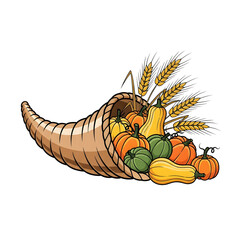 Cornucopia overflowing with pumpkins, squash, and wheat, symbolizing autumn harvest and Thanksgiving